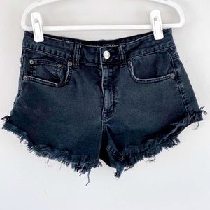 AEO • Black Distressed High Rise Festival Cutoff Fringe Denim Jean Shorts Sz 8